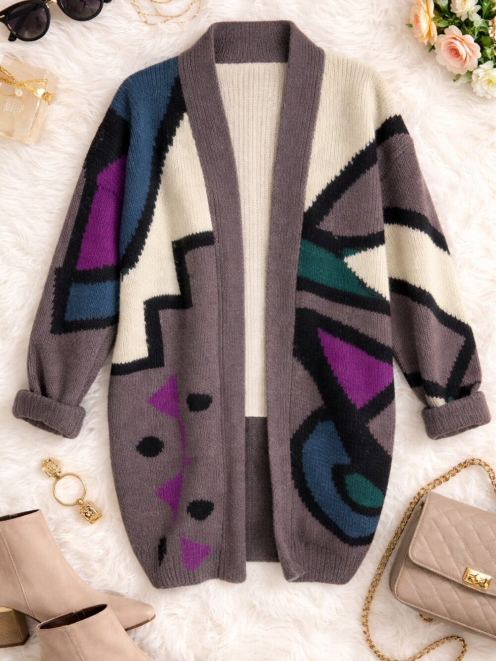 Vintage Cervelle Wool Abstract Long Cardigan XL 80s Art Sweater